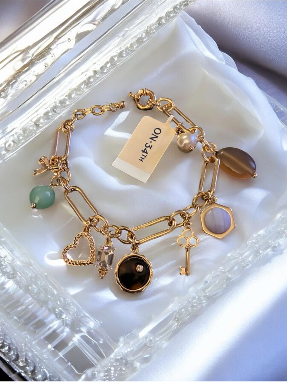 Gold Charm Bracelet with Multicolor Stone Accents